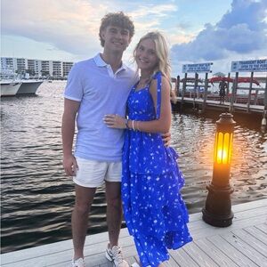 Blue and white flowery tie strap dress